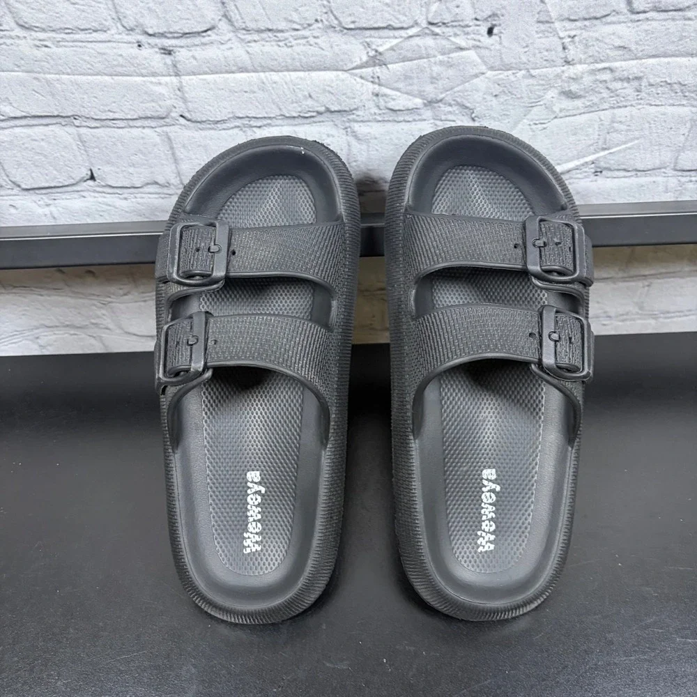Weweya Black Double Buckle Cloud Slides Foam Sandals Mens 7-8 Womens 8.5-9.5